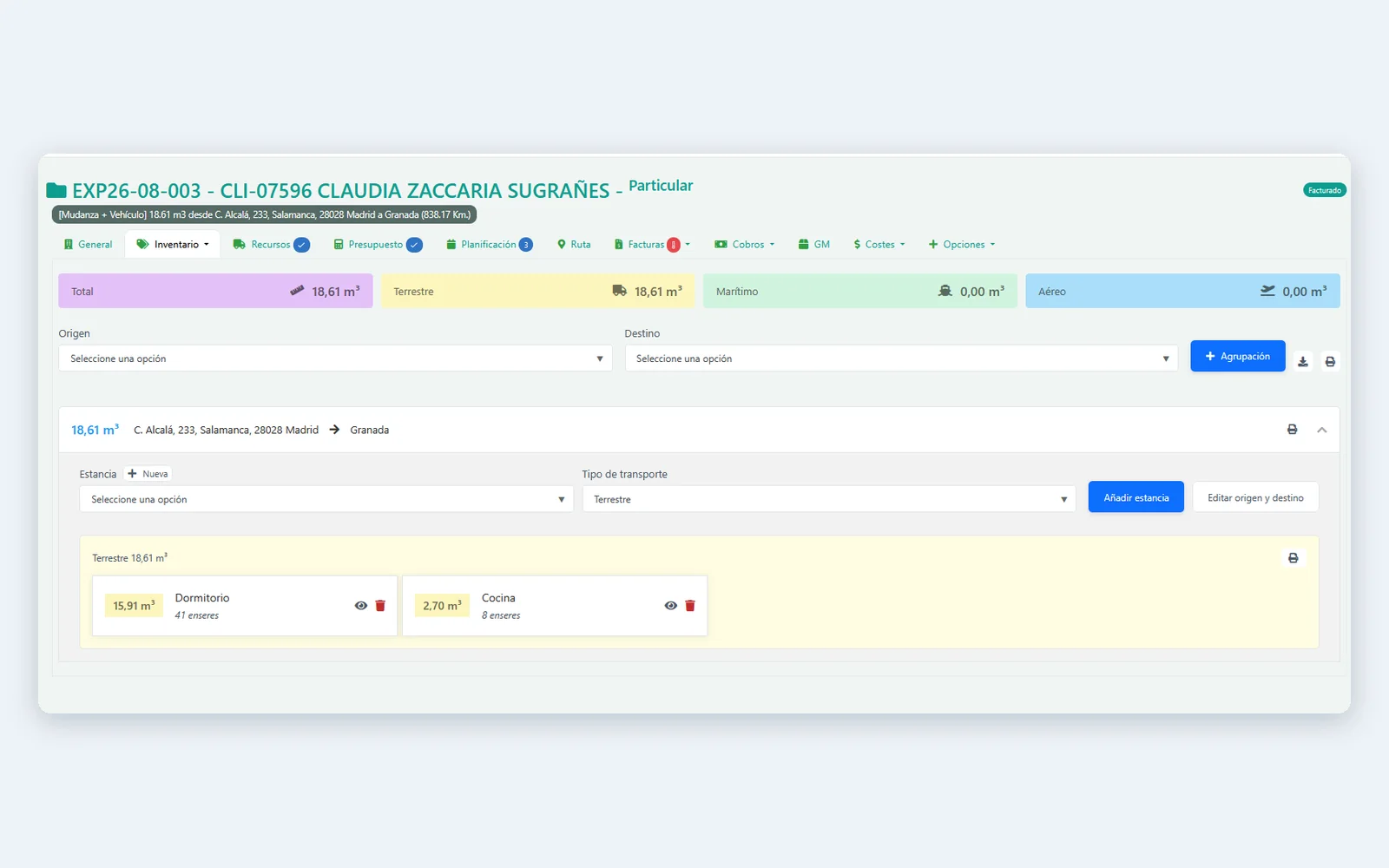 Expediente de byMovers con el inventario y el cubicaje por tipo de transporte