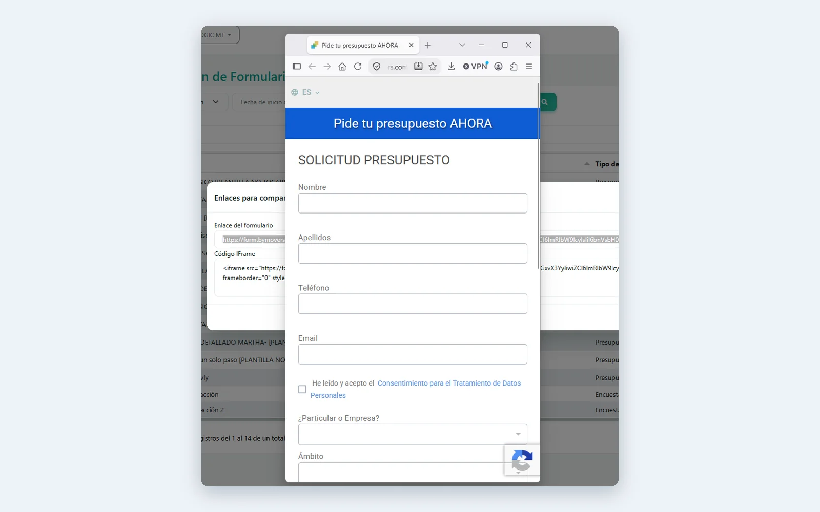 byWebForms: formulario de solicitud de presupuesto publicado y su enlace para compartir